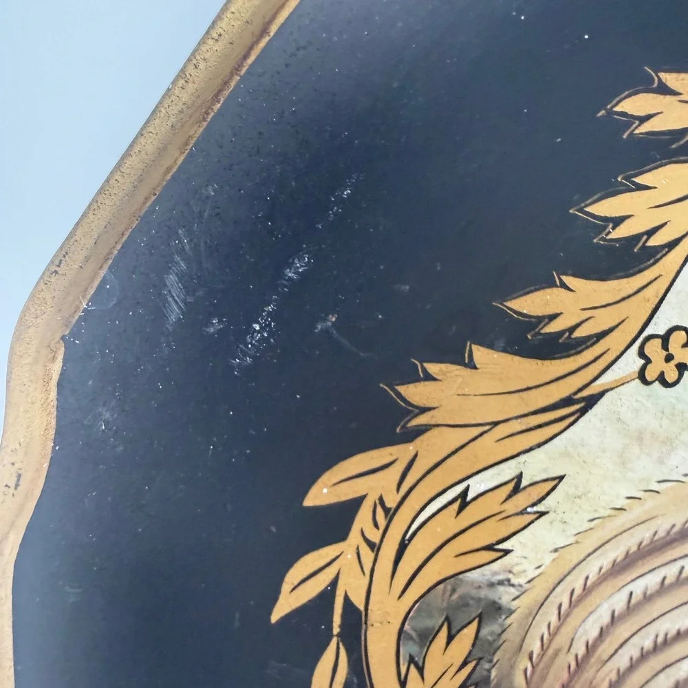 Vintage Hand Painted Rooster Toleware Decorative Plate Black Gold Scalloped 12